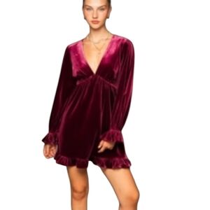 Burgundy Red crushed Velvet plunging v neck Cherry Girl fairy core Dress Sz S
